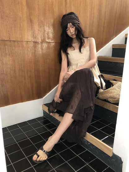 Dorydory Deep Brown Jacquard Pleated Irregular A Line Women&