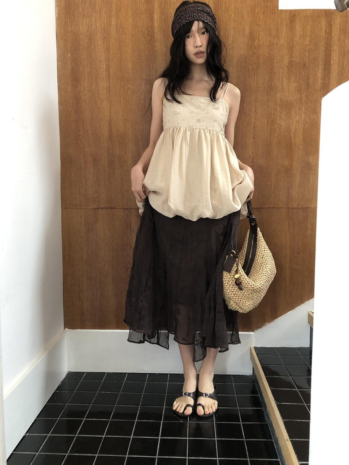 Dorydory Deep Brown Jacquard Pleated Irregular A Line Women&