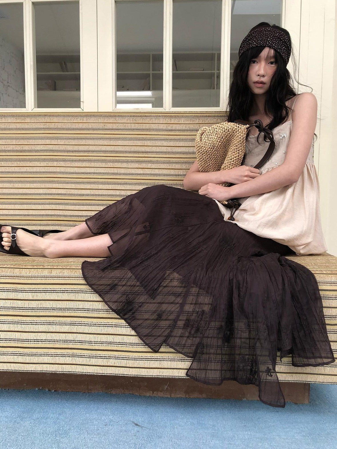Dorydory Deep Brown Jacquard Pleated Irregular A Line Women&