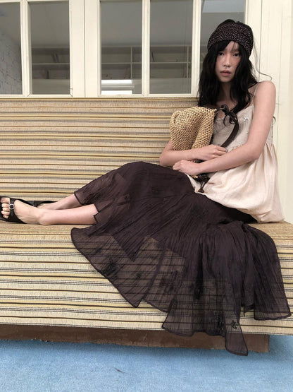 Dorydory Deep Brown Jacquard Pleated Irregular A Line Women&