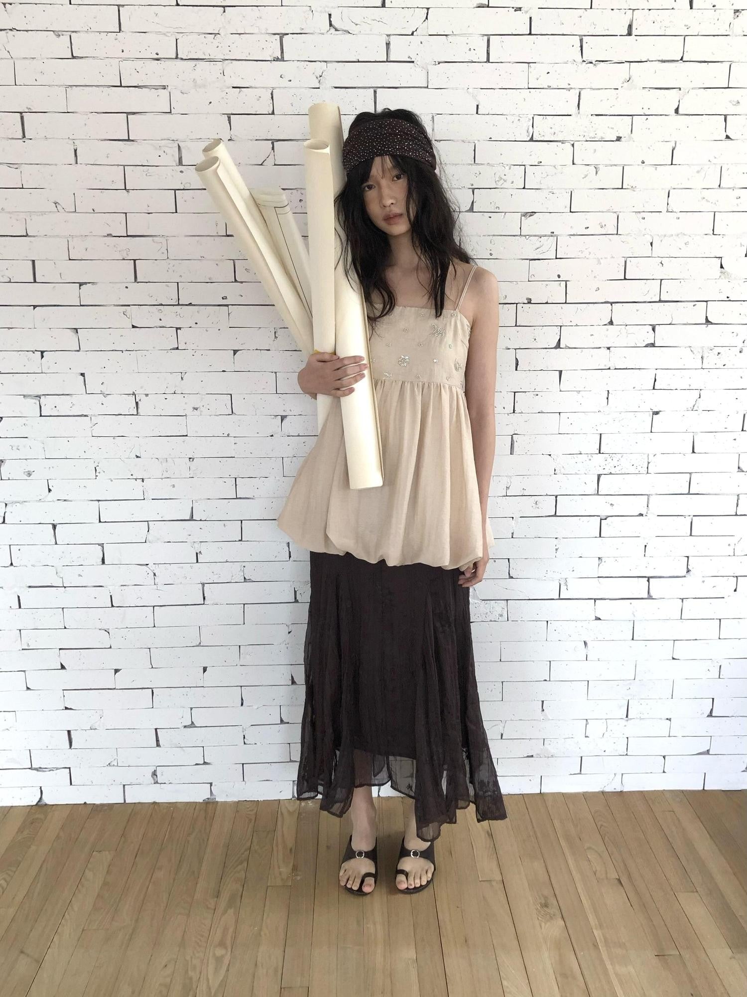 Dorydory Deep Brown Jacquard Pleated Irregular A Line Women&