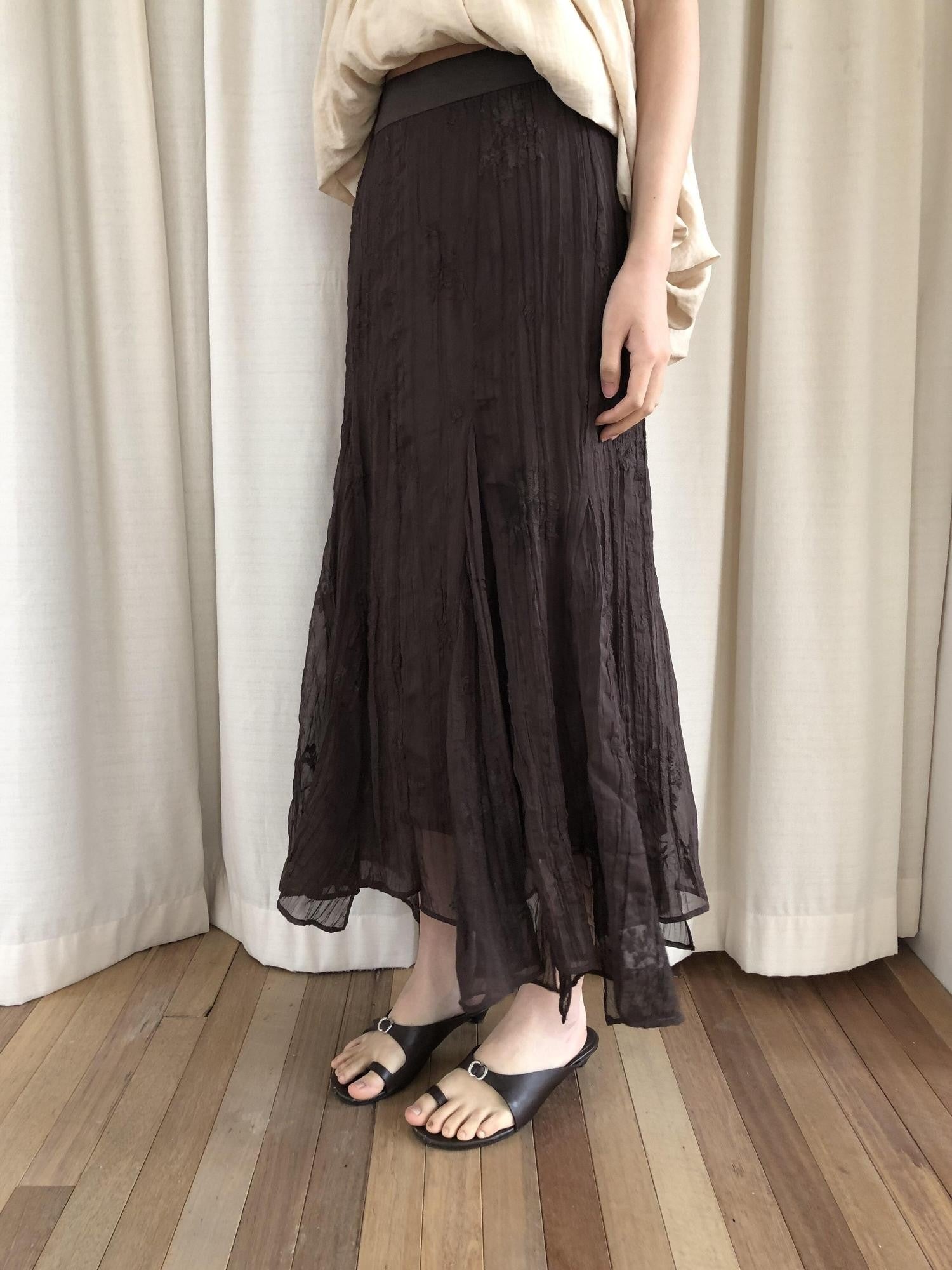 Dorydory Deep Brown Jacquard Pleated Irregular A Line Women&