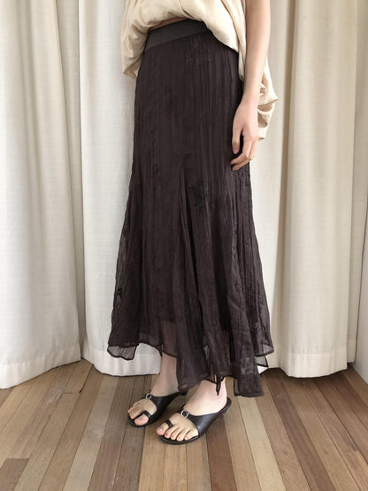 Dorydory Deep Brown Jacquard Pleated Irregular A Line Women&
