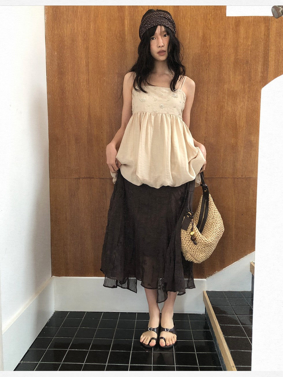Dorydory Deep Brown Jacquard Pleated Irregular A Line Women&
