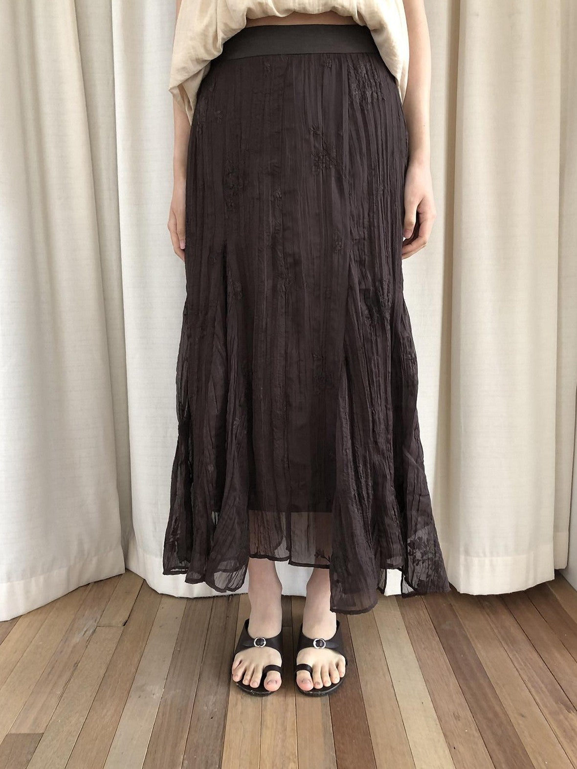 Dorydory Deep Brown Jacquard Pleated Irregular A Line Women&