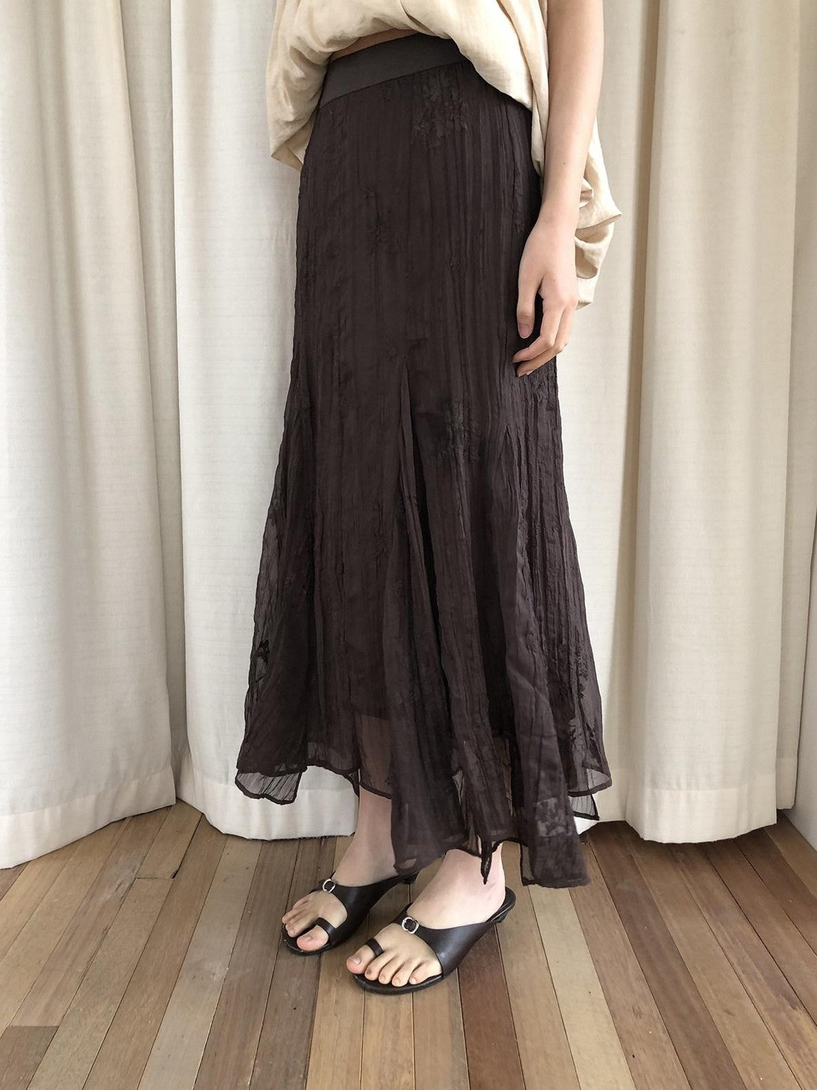 Dorydory Deep Brown Jacquard Pleated Irregular A Line Women&