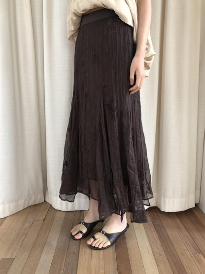 Dorydory Deep Brown Jacquard Pleated Irregular A Line Women&