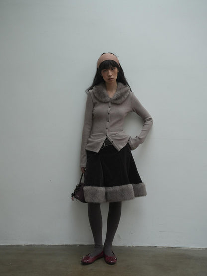 Dorydory Deep Brown Patchwork Corduroy Faux Fur Trim Women&