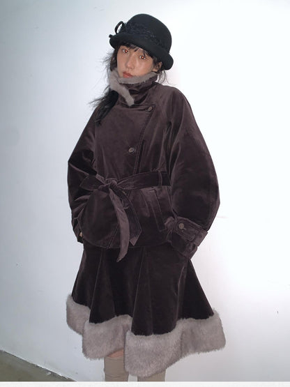 Dorydory Deep Brown Patchwork Corduroy Faux Fur Trim Women&