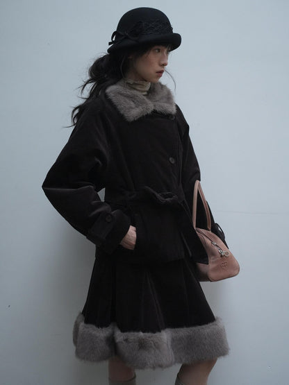 Dorydory Deep Brown Patchwork Corduroy Faux Fur Trim Women&