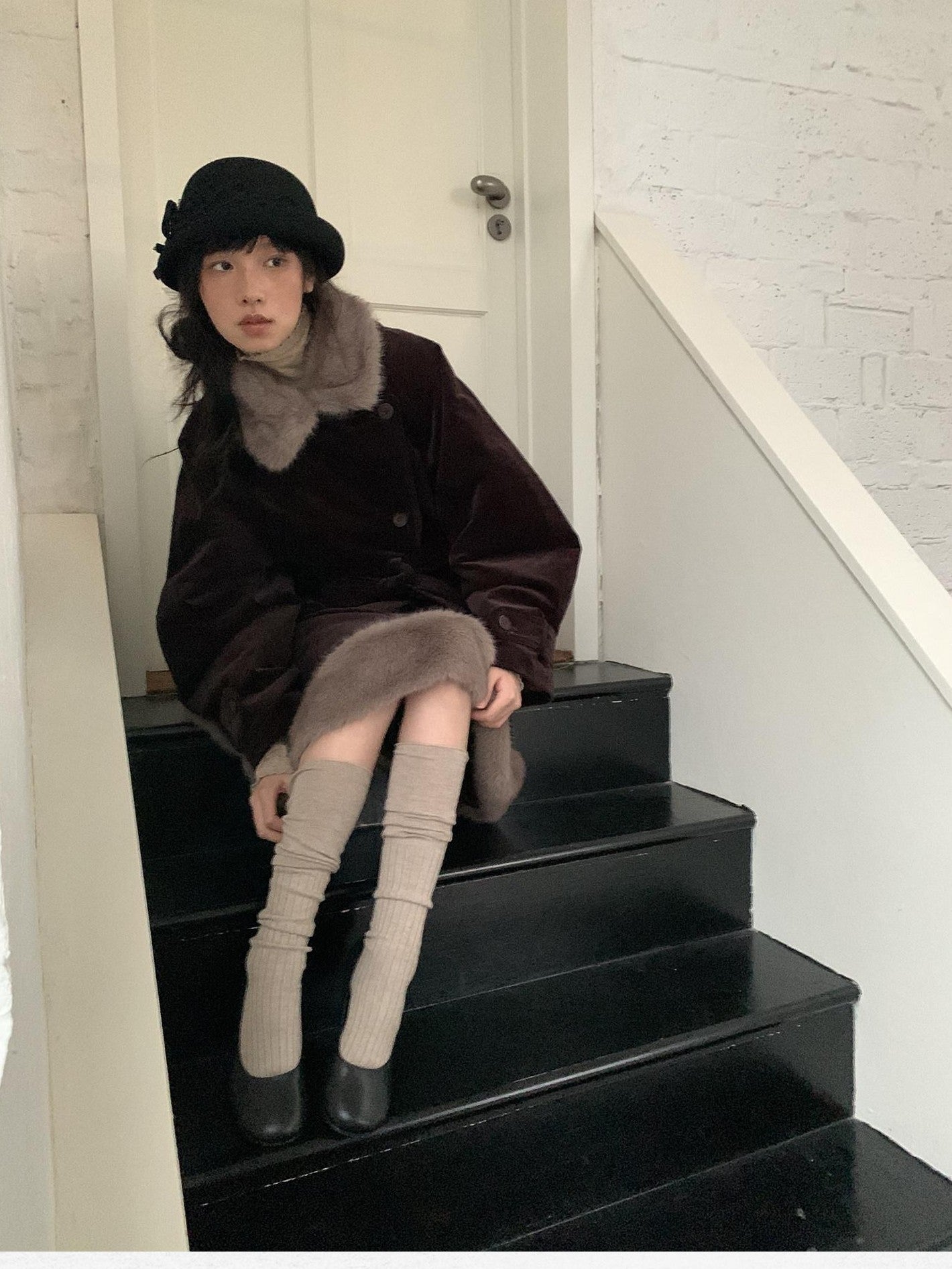 Dorydory Deep Brown Patchwork Corduroy Faux Fur Trim Women&