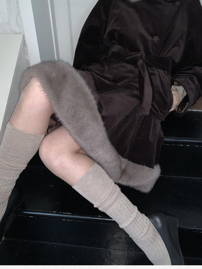 Dorydory Deep Brown Patchwork Corduroy Faux Fur Trim Women&