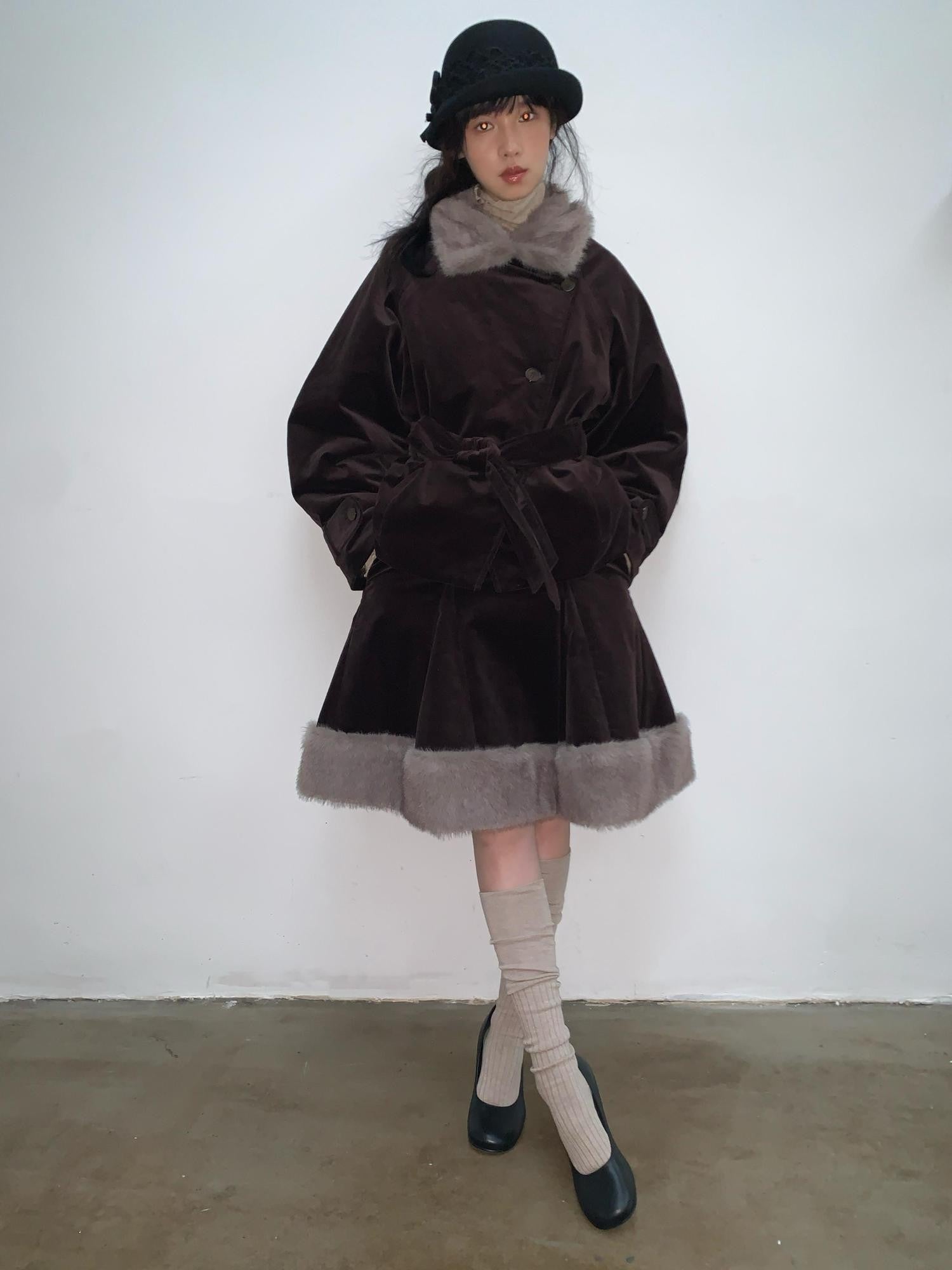 Dorydory Deep Brown Patchwork Corduroy Faux Fur Trim Women&