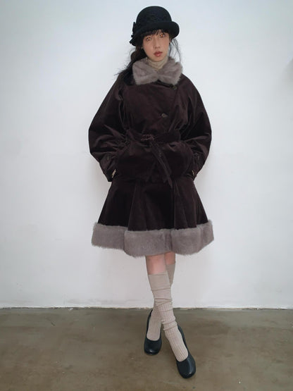 Dorydory Deep Brown Patchwork Corduroy Faux Fur Trim Women&