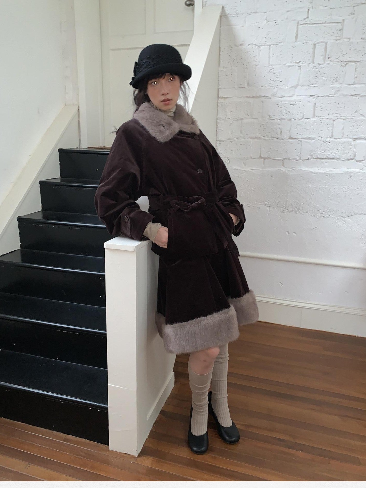 Dorydory Deep Brown Patchwork Corduroy Faux Fur Trim Women&