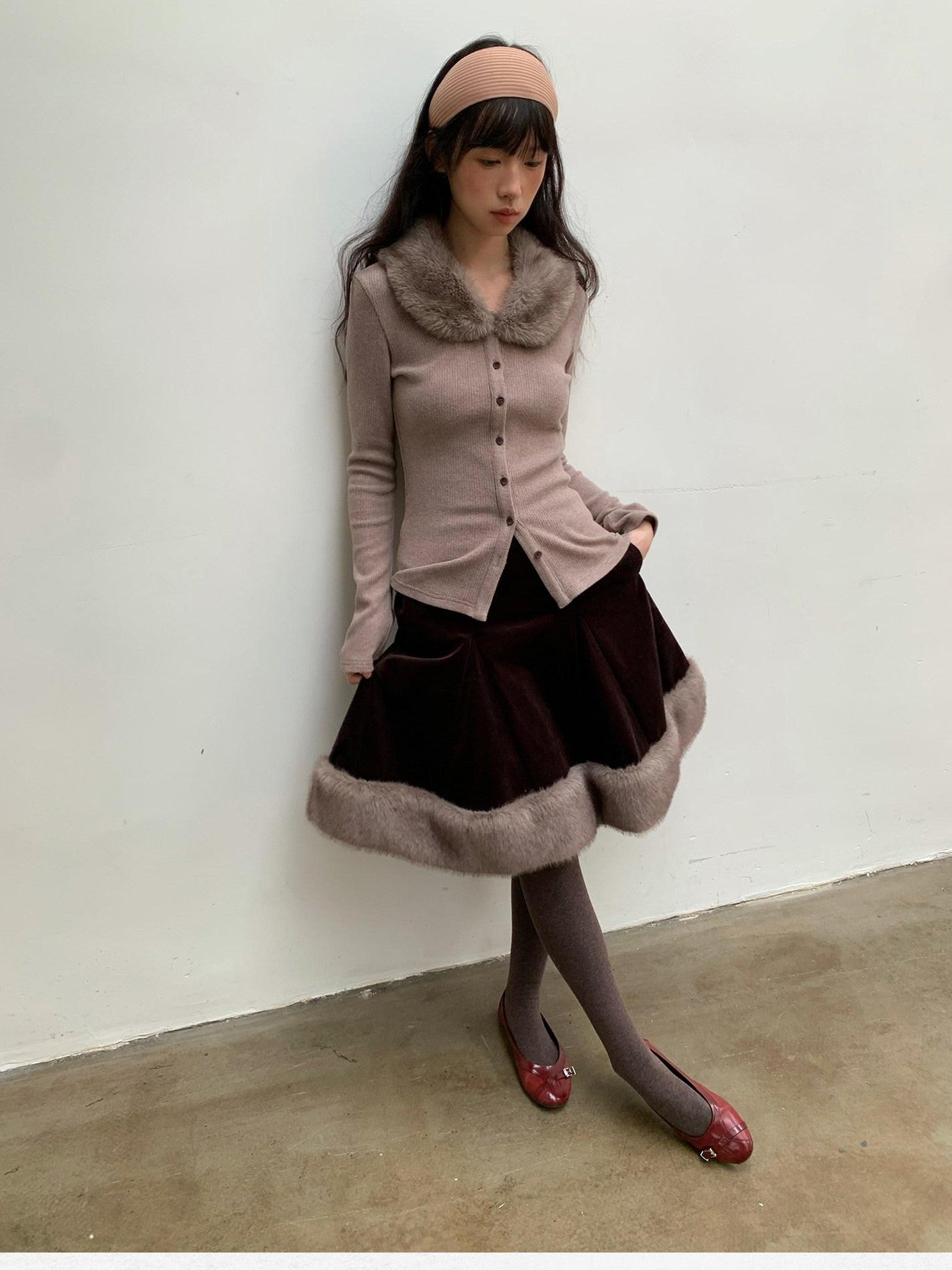 Dorydory Deep Brown Patchwork Corduroy Faux Fur Trim Women&