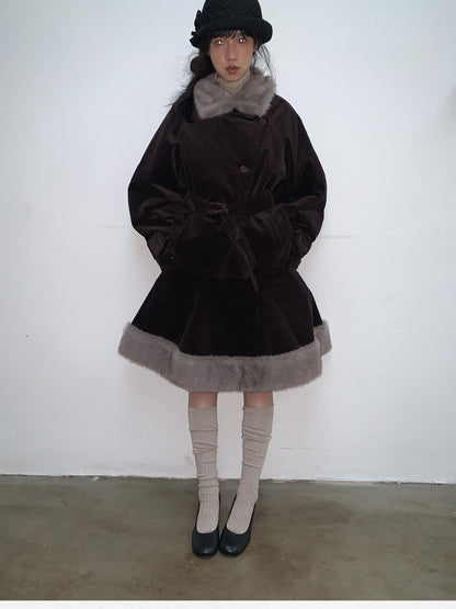 Dorydory Deep Brown Patchwork Corduroy Faux Fur Trim Women&