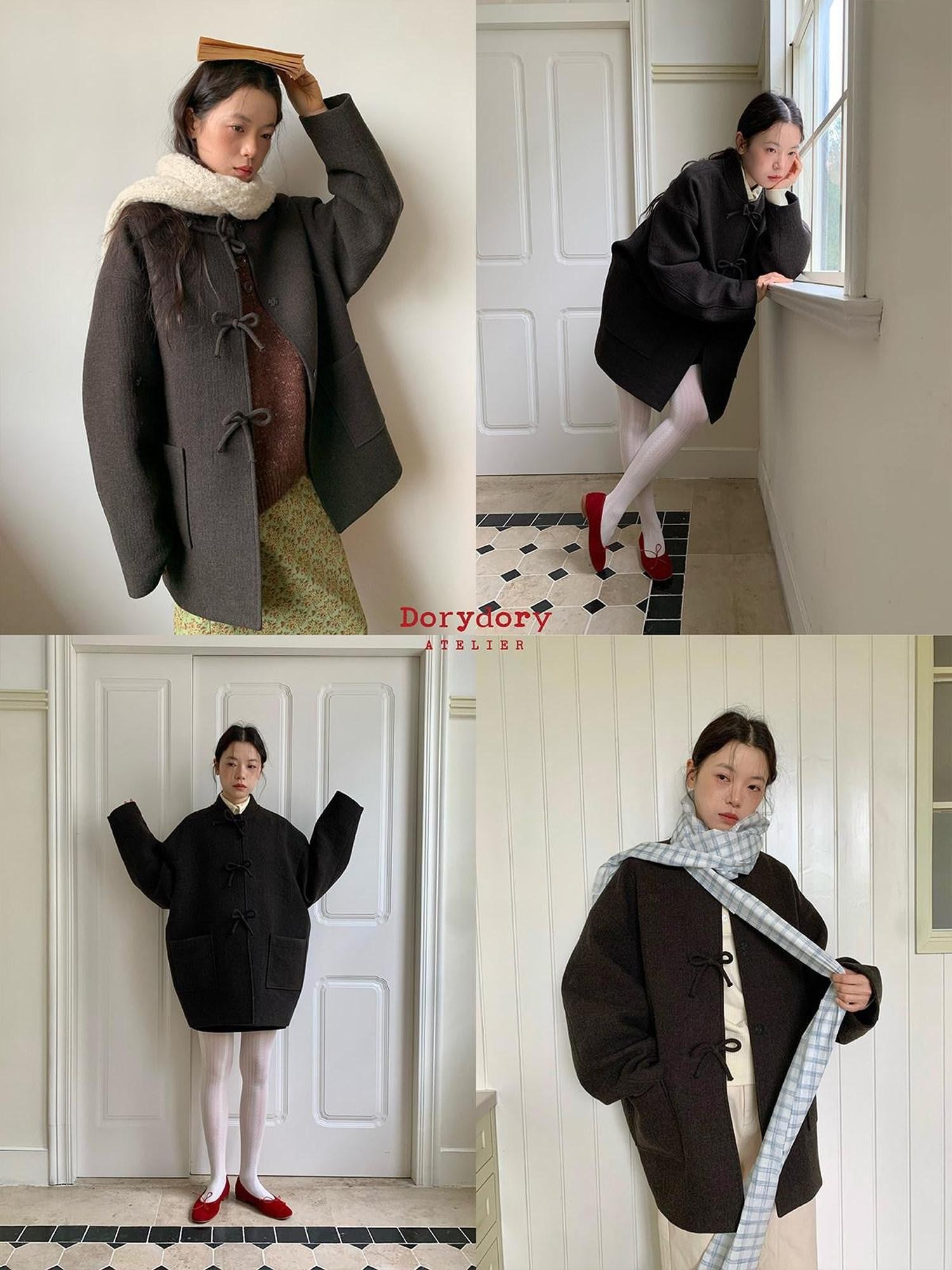Dorydory Deep Brown Stand Collar Bow Tie Retro Loose Women&