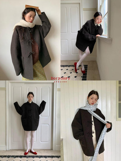 Dorydory Deep Brown Stand Collar Bow Tie Retro Loose Women&