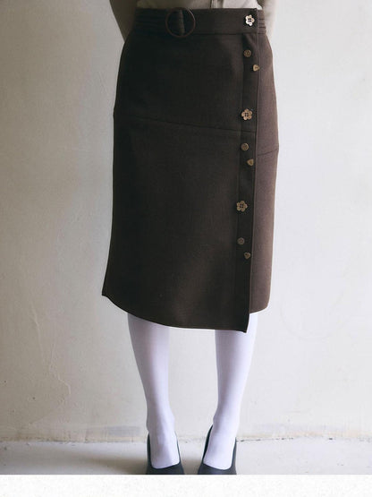 Dorydory Deep Brown Vintage Floral Button Fishtail Pleated Women&