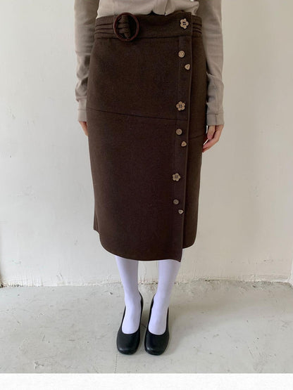 Dorydory Deep Brown Vintage Floral Button Fishtail Pleated Women&