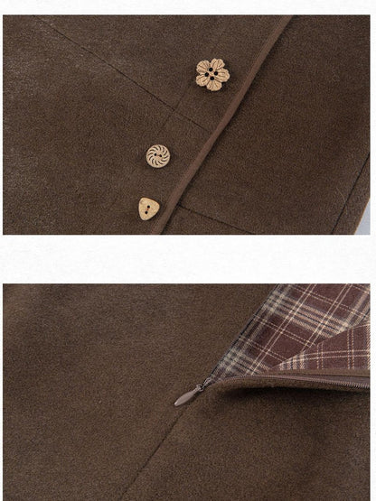 Dorydory Deep Brown Vintage Floral Button Fishtail Pleated Women&