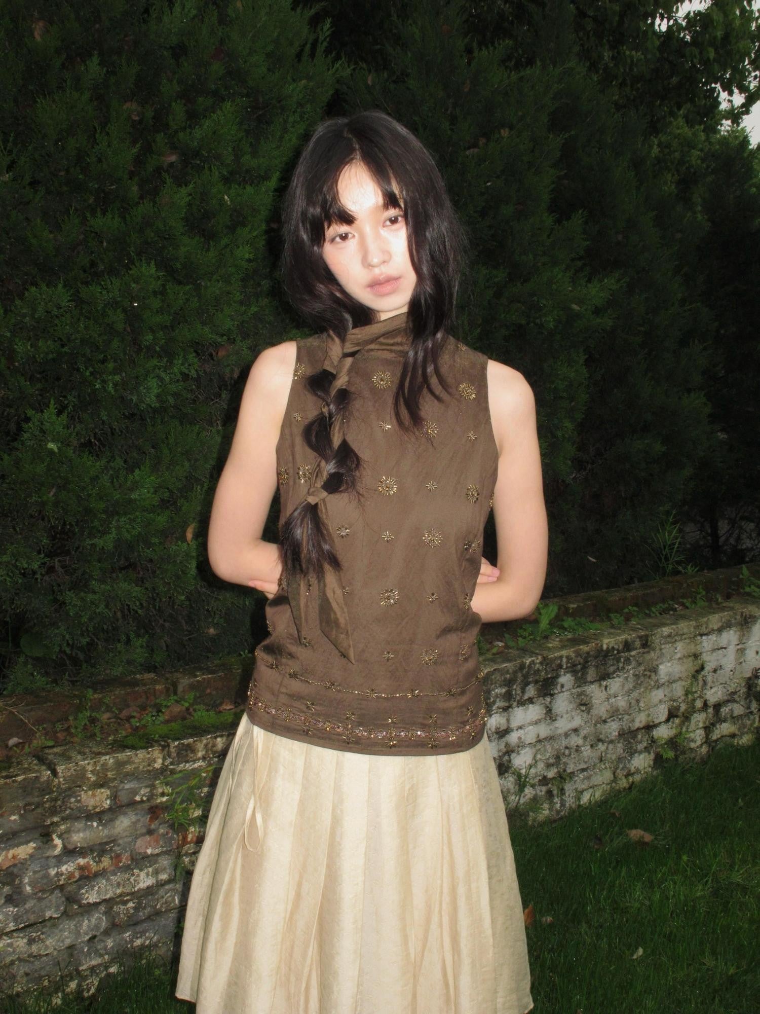 Dorydory Deep Brown Vintage Ribbon Beaded Stand Collar Women&
