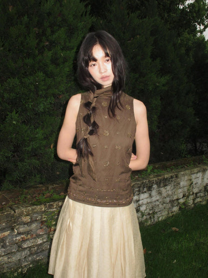 Dorydory Deep Brown Vintage Ribbon Beaded Stand Collar Women&