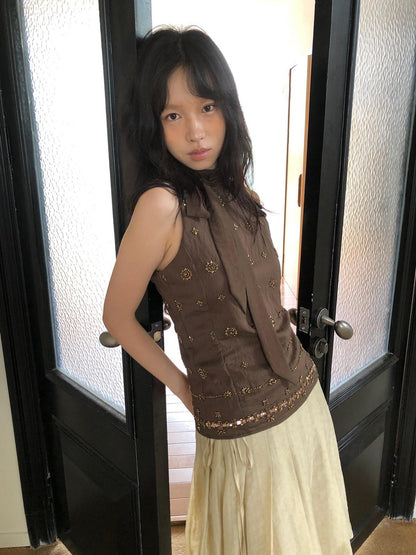 Dorydory Deep Brown Vintage Ribbon Beaded Stand Collar Women&