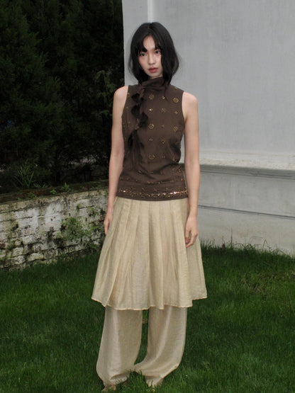 Dorydory Deep Brown Vintage Ribbon Beaded Stand Collar Women&