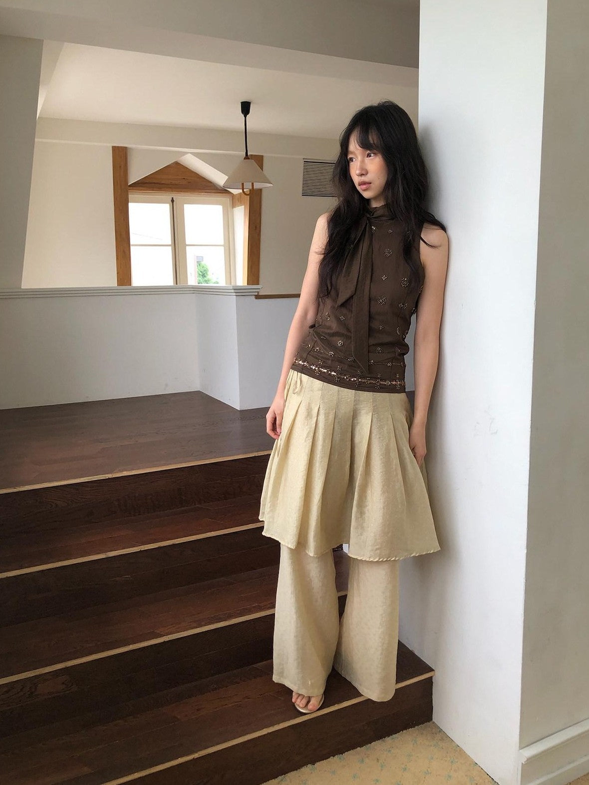 Dorydory Deep Brown Vintage Ribbon Beaded Stand Collar Women&
