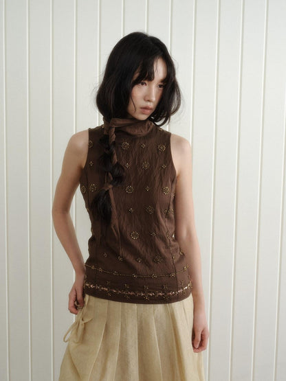 Dorydory Deep Brown Vintage Ribbon Beaded Stand Collar Women&