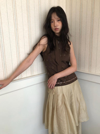 Dorydory Deep Brown Vintage Ribbon Beaded Stand Collar Women&