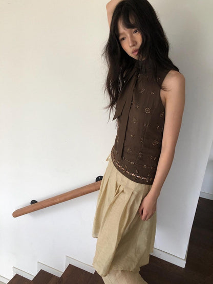Dorydory Deep Brown Vintage Ribbon Beaded Stand Collar Women&