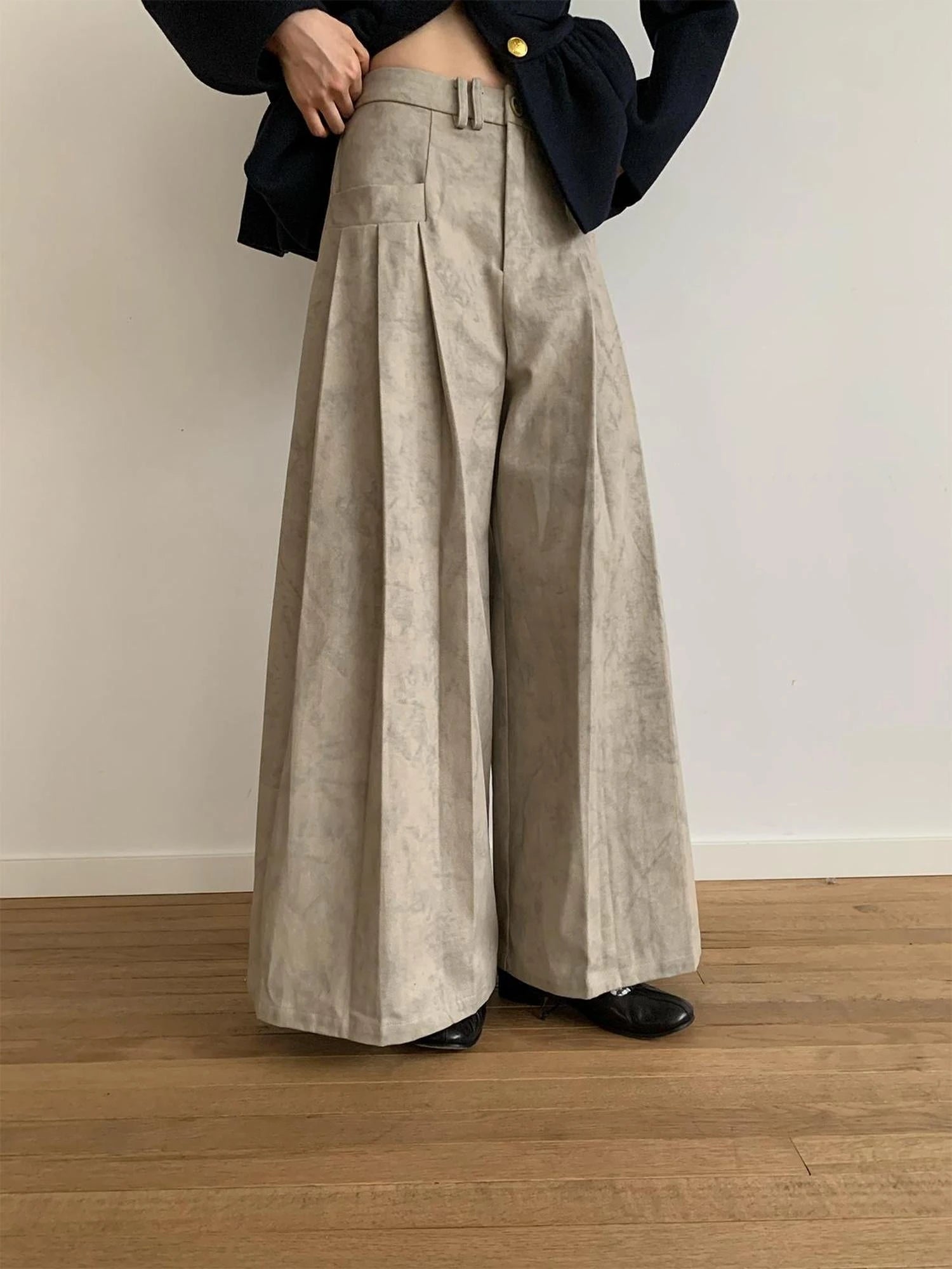 Dory Dory Gray Washed Cotton Wide Leg Pleated Trousers
