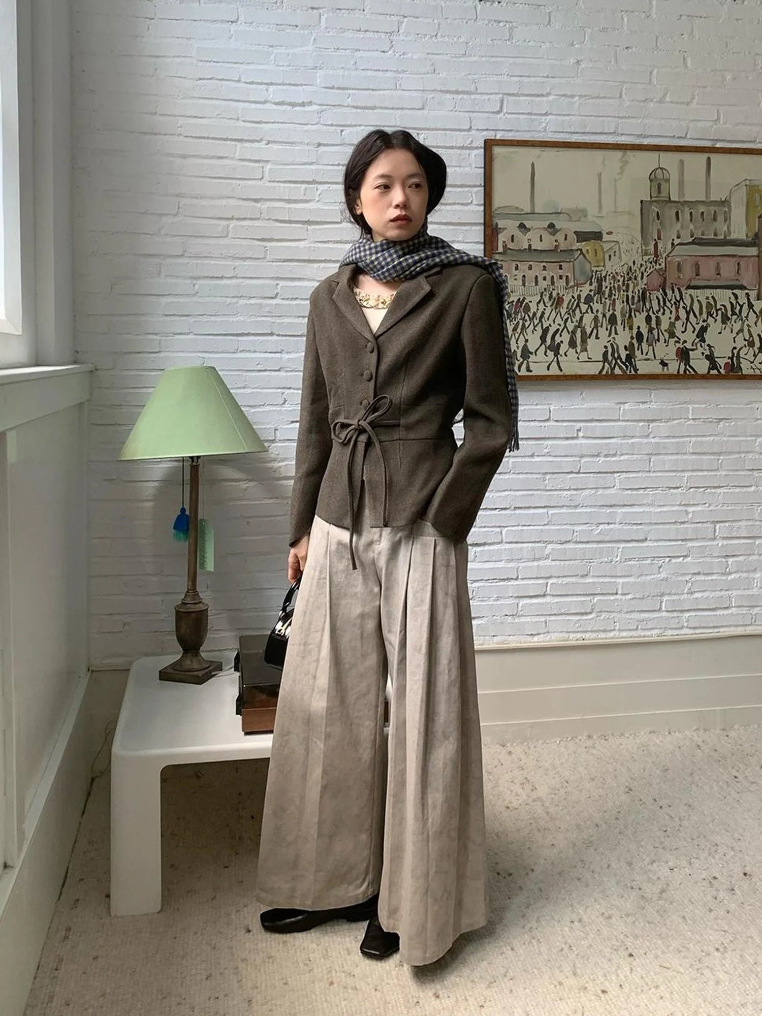 Dory Dory Gray Washed Cotton Wide Leg Pleated Trousers