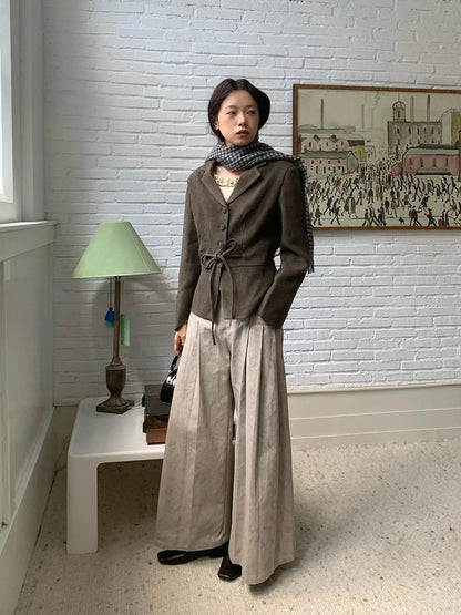 Dory Dory Gray Washed Cotton Wide Leg Pleated Trousers