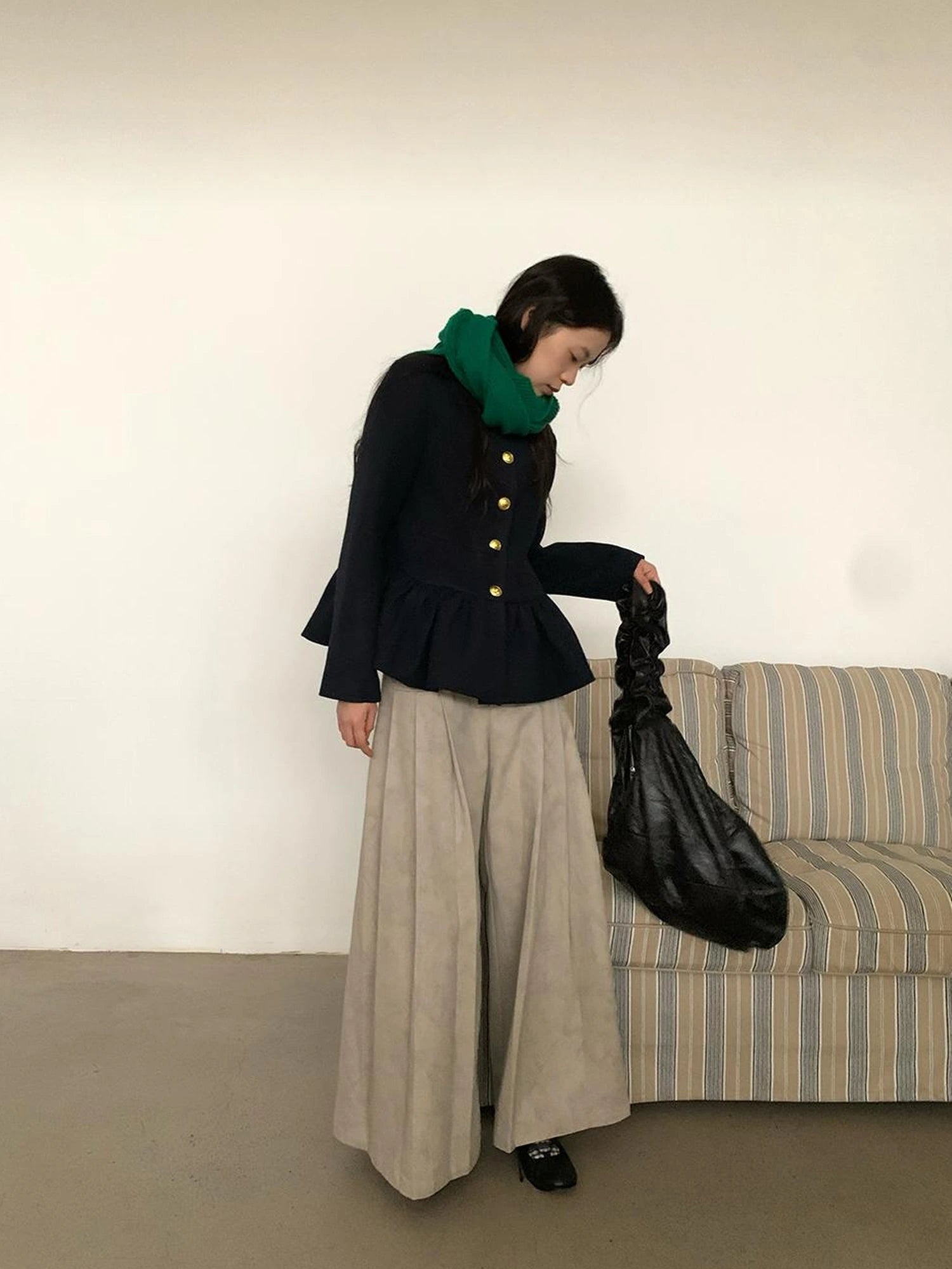 Dory Dory Gray Washed Cotton Wide Leg Pleated Trousers