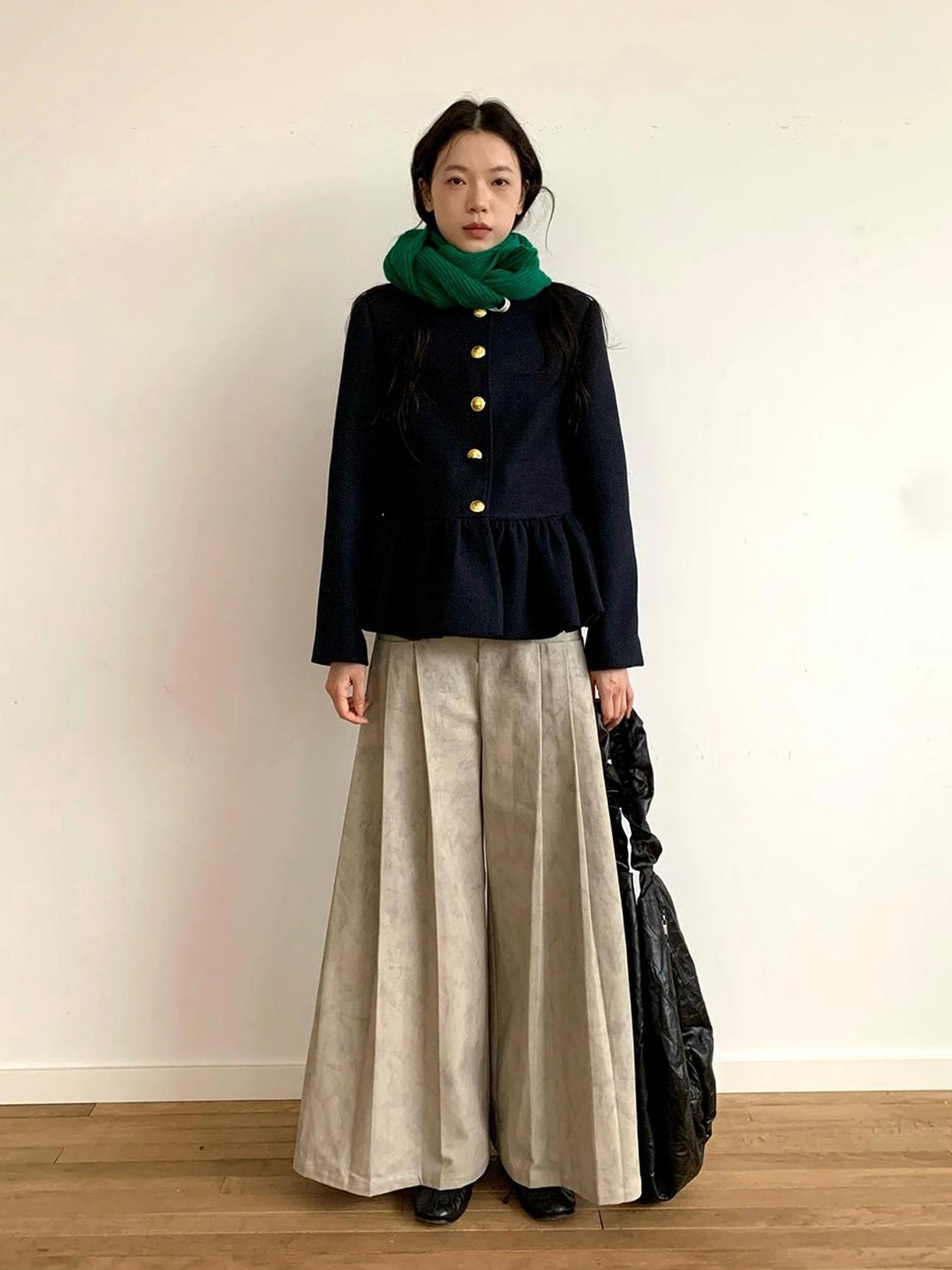 Dory Dory Gray Washed Cotton Wide Leg Pleated Trousers