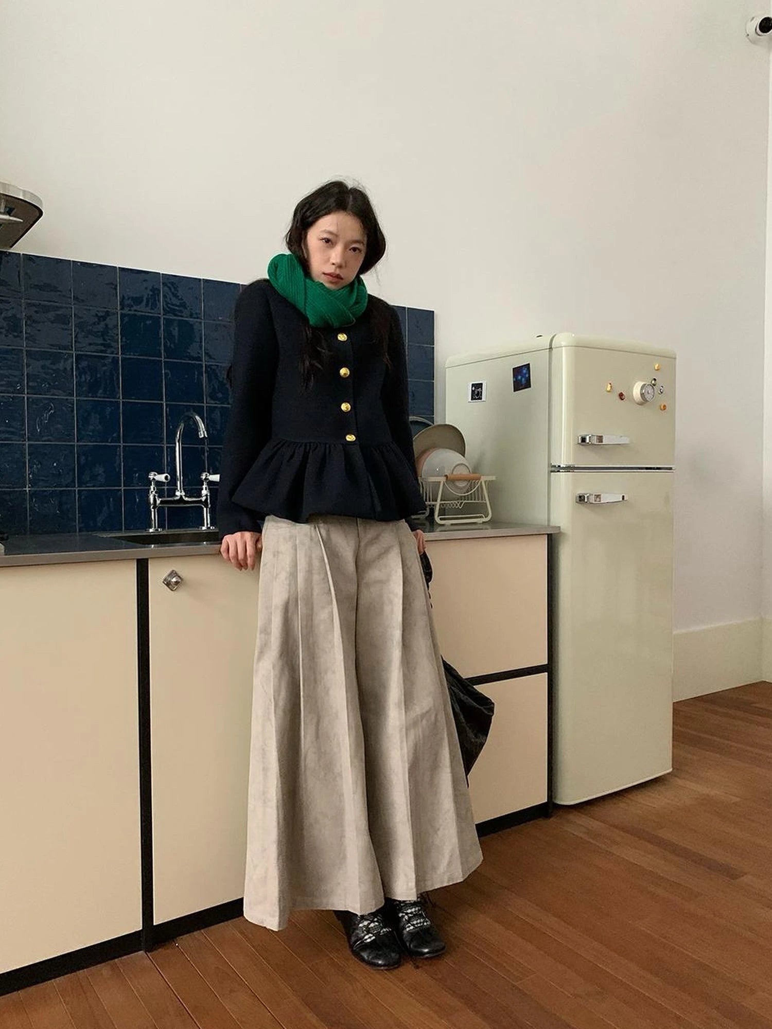 Dory Dory Gray Washed Cotton Wide Leg Pleated Trousers