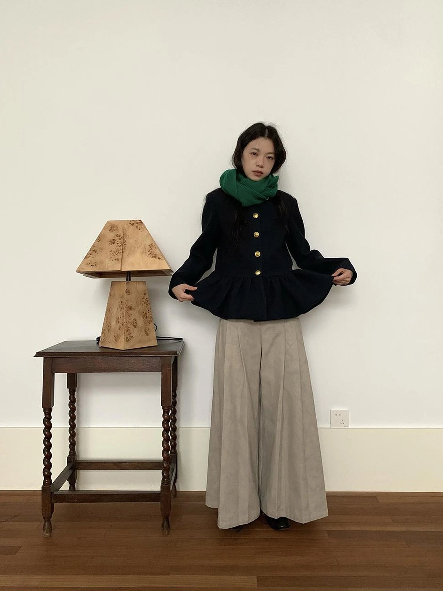 Dory Dory Gray Washed Cotton Wide Leg Pleated Trousers