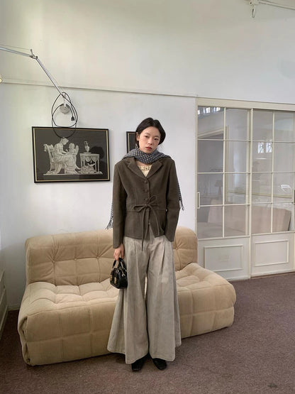 Dory Dory Gray Washed Cotton Wide Leg Pleated Trousers