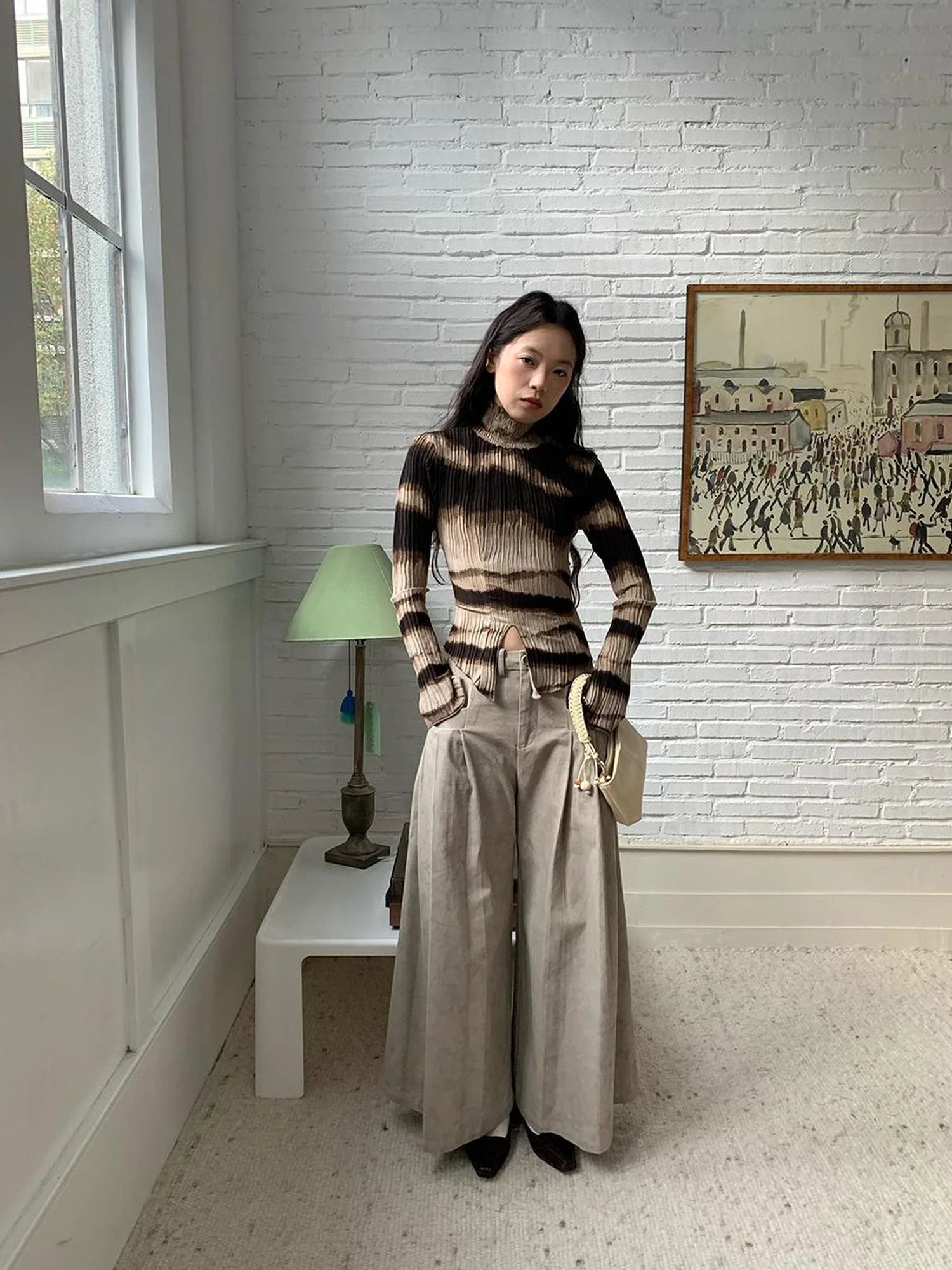 Dory Dory Gray Washed Cotton Wide Leg Pleated Trousers