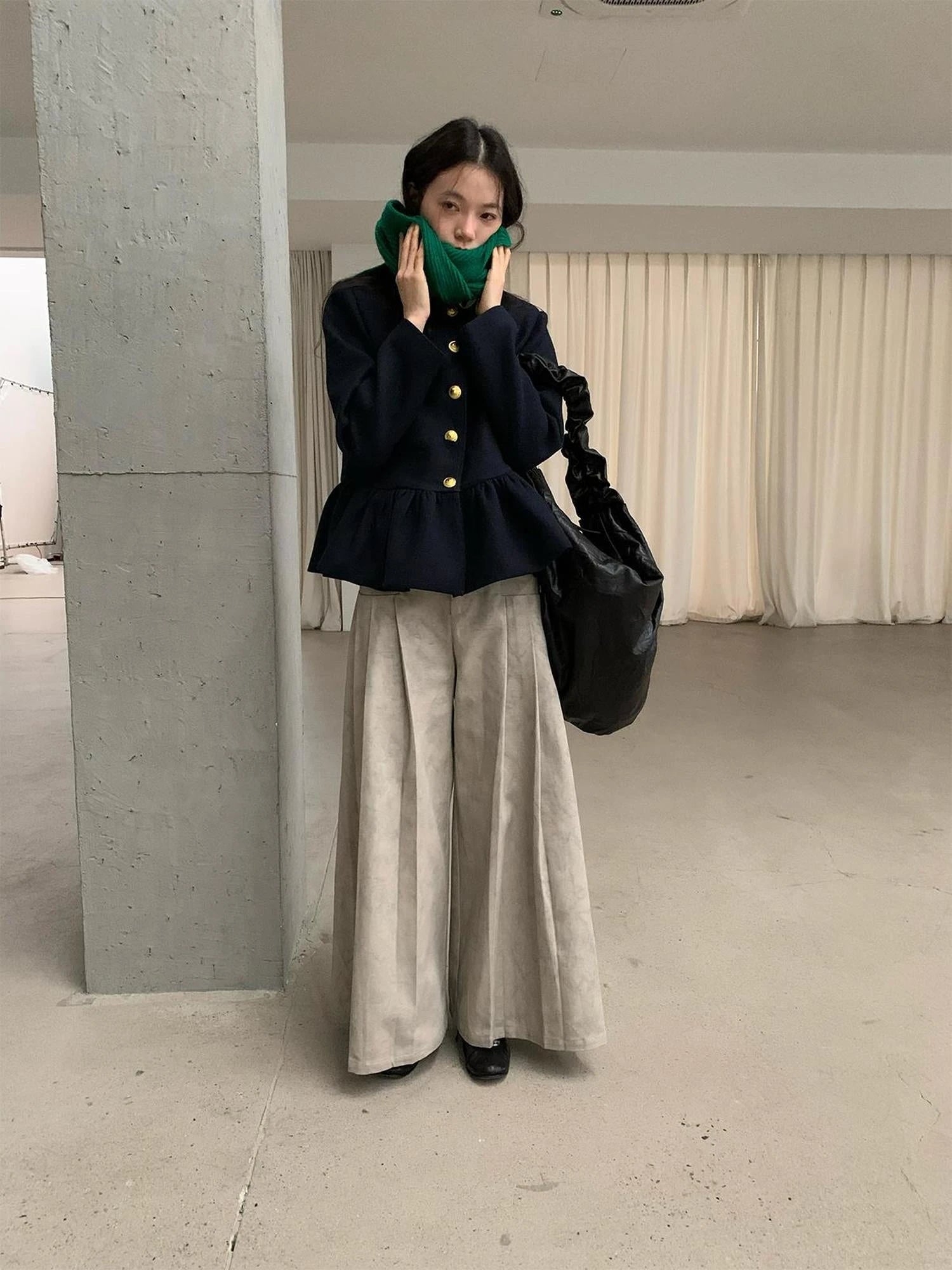 Dory Dory Gray Washed Cotton Wide Leg Pleated Trousers