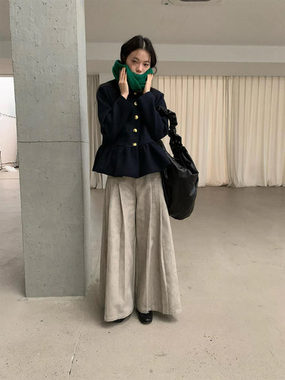 Dory Dory Gray Washed Cotton Wide Leg Pleated Trousers