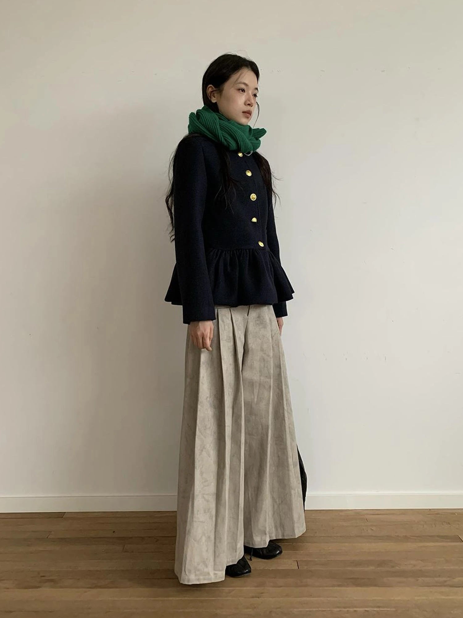 Dory Dory Gray Washed Cotton Wide Leg Pleated Trousers