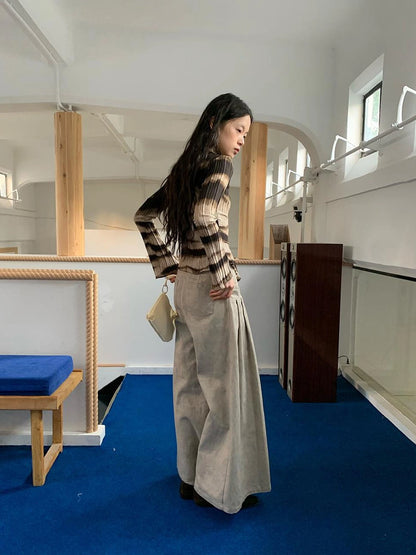 Dory Dory Gray Washed Cotton Wide Leg Pleated Trousers