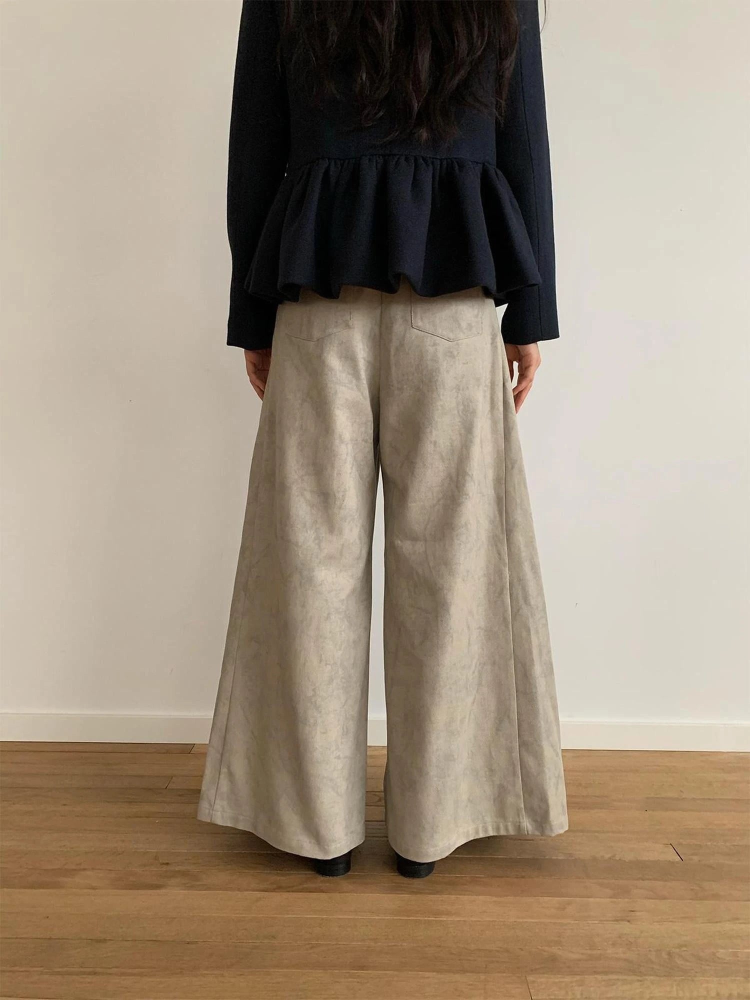 Dory Dory Gray Washed Cotton Wide Leg Pleated Trousers