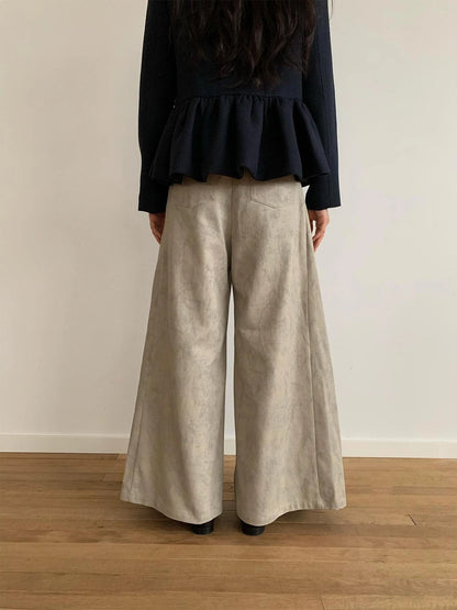 Dory Dory Gray Washed Cotton Wide Leg Pleated Trousers