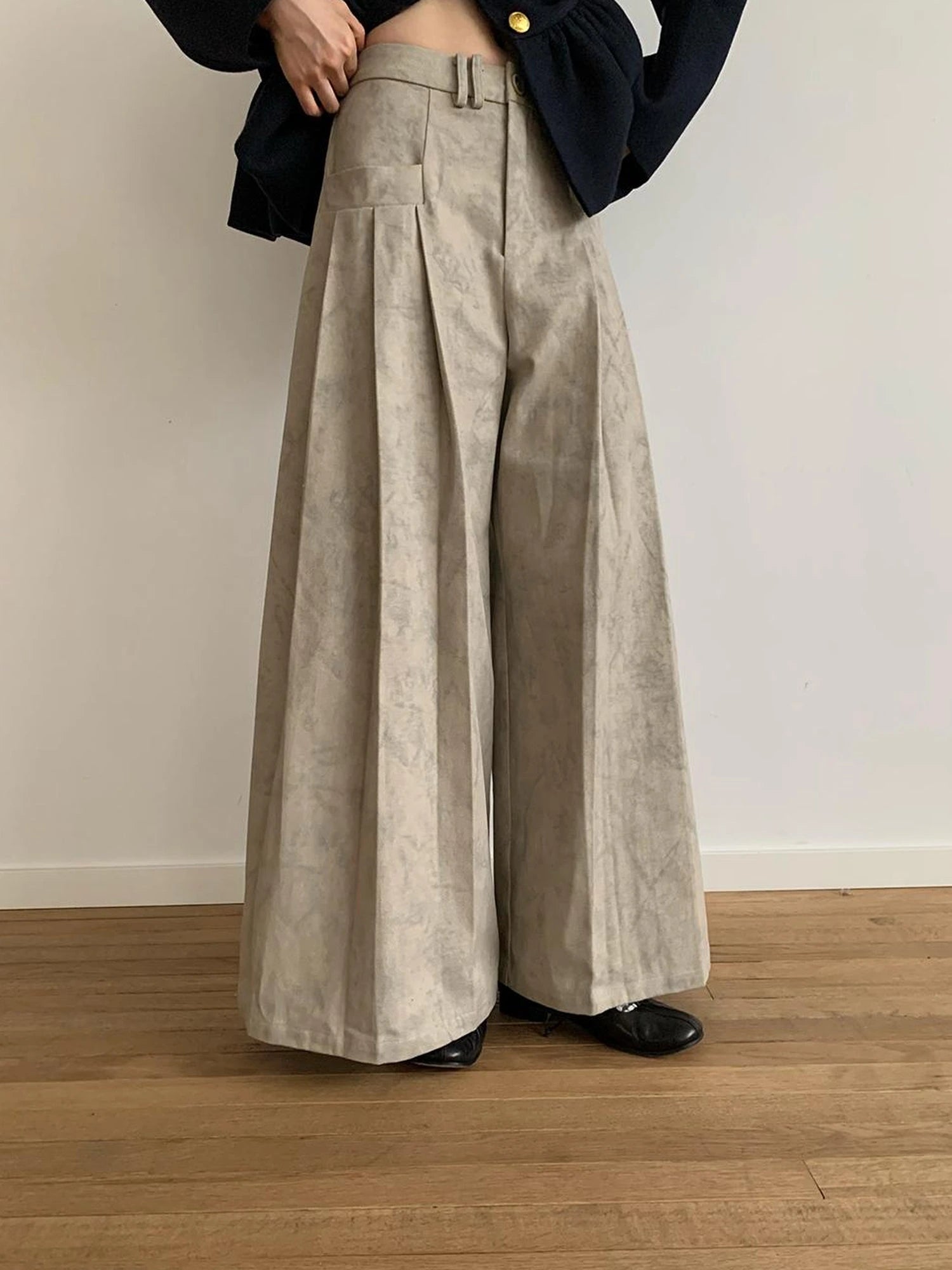 Dory Dory Gray Washed Cotton Wide Leg Pleated Trousers